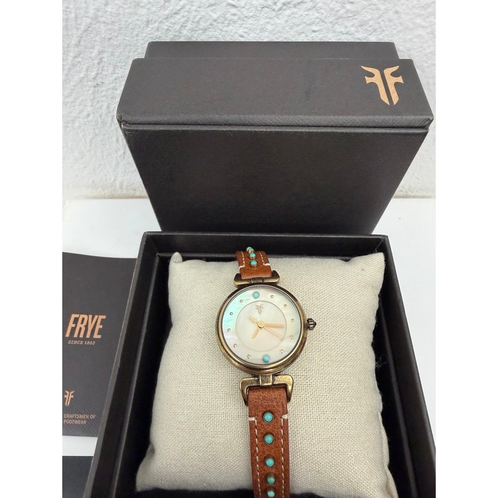 Frye Women's Watch Mother of Pearl Turquoise Stud Leather Strap Box